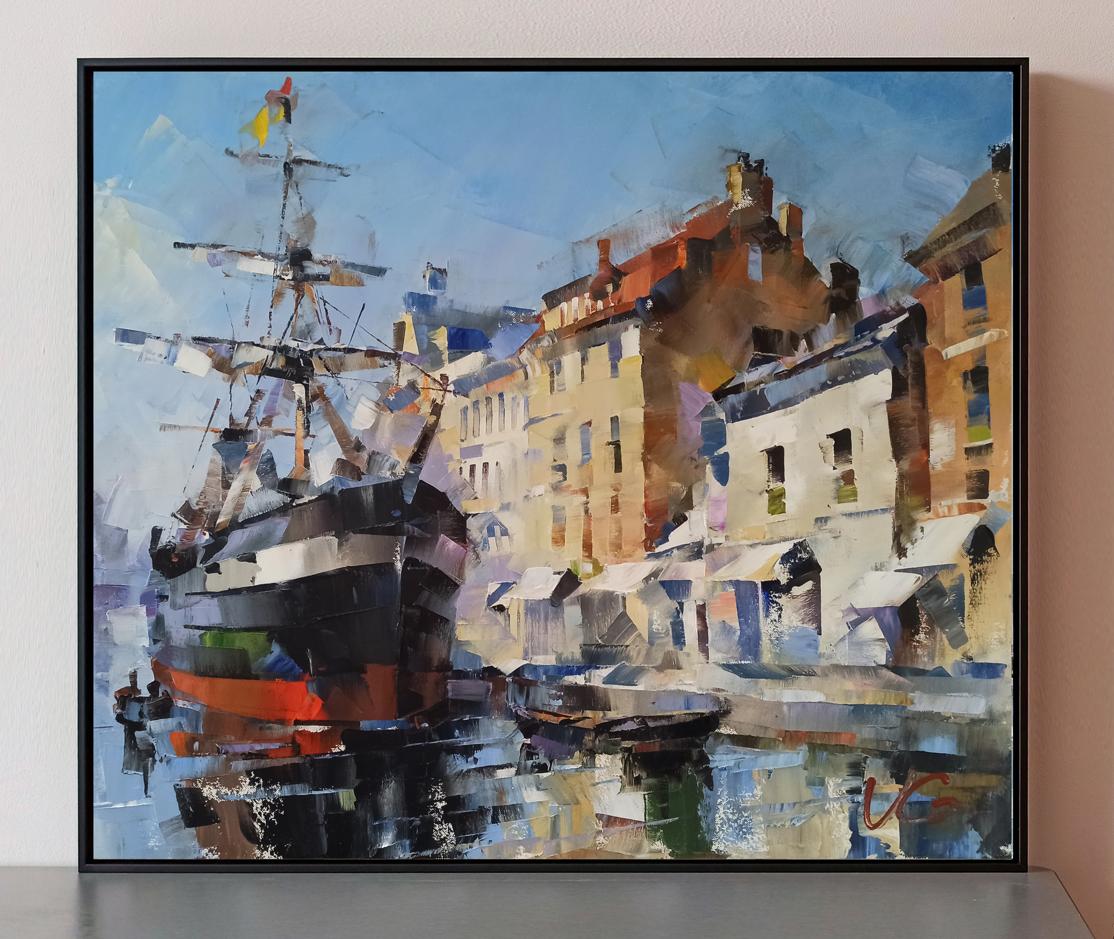Framed Oil painting Ship in the Channel of Tranquility by Volodymyr Gluhomanyuk