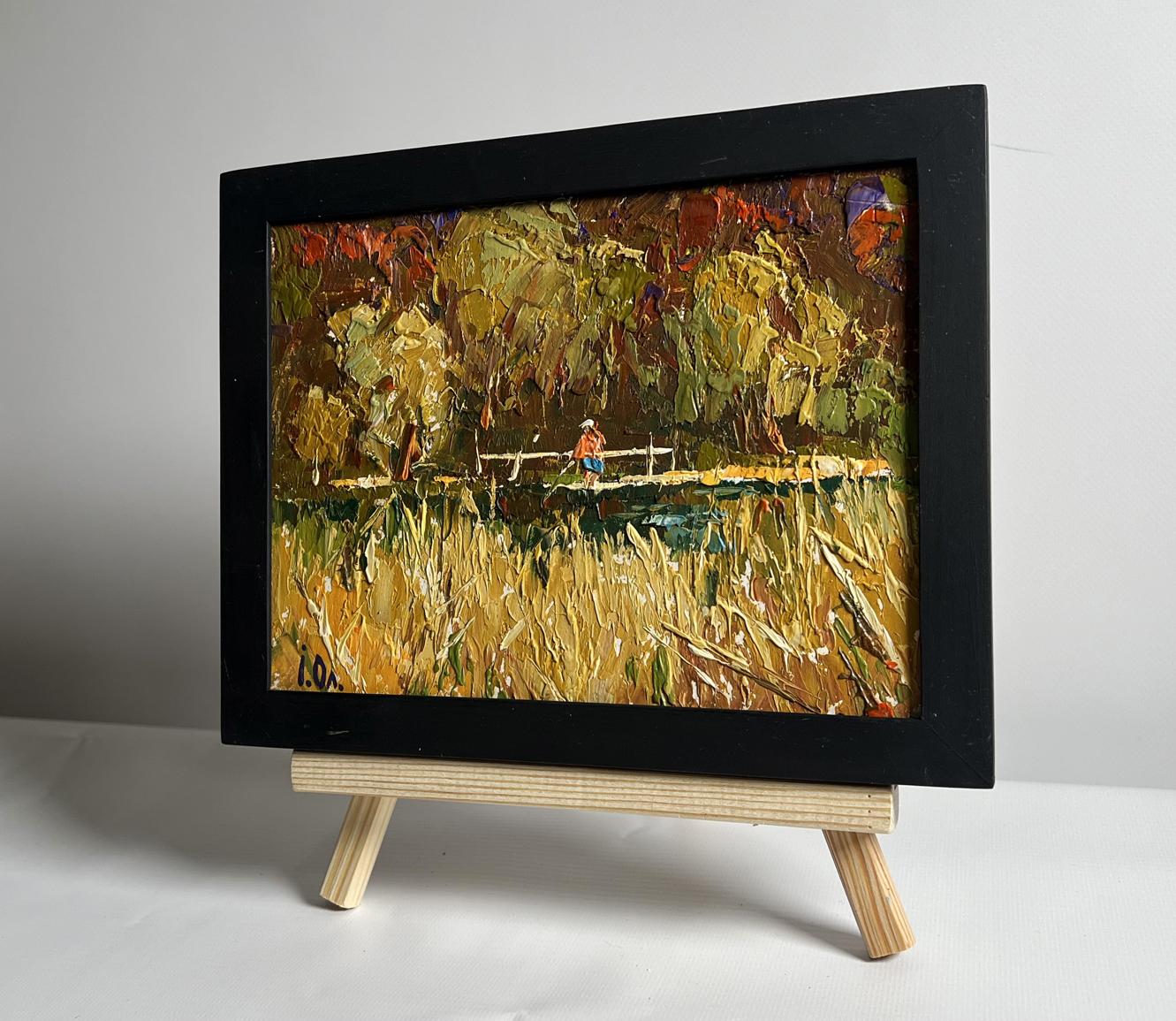 Oleksiy Ivanyuk oil painting of autumn field river bridge on wooden easel