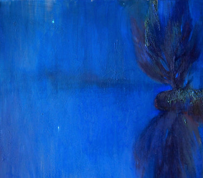 Oil painting Fog on the lake by Natalia Korf-Ivaniuk, dark textured form on blue