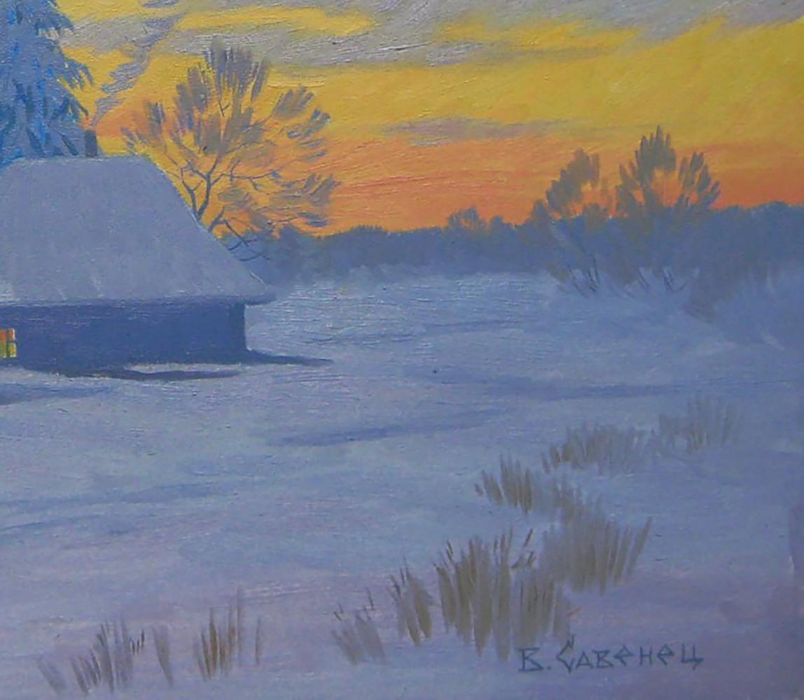 Oil painting of snow-covered wooden cabin by Valery Savenets