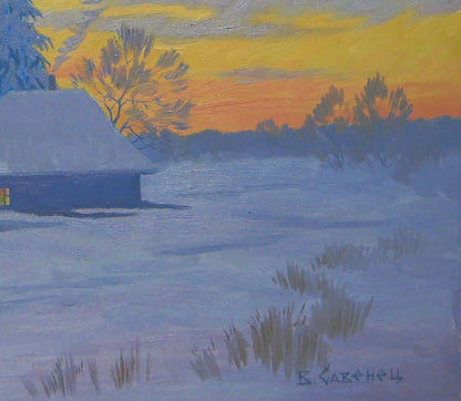 Oil painting of snow-covered wooden cabin by Valery Savenets