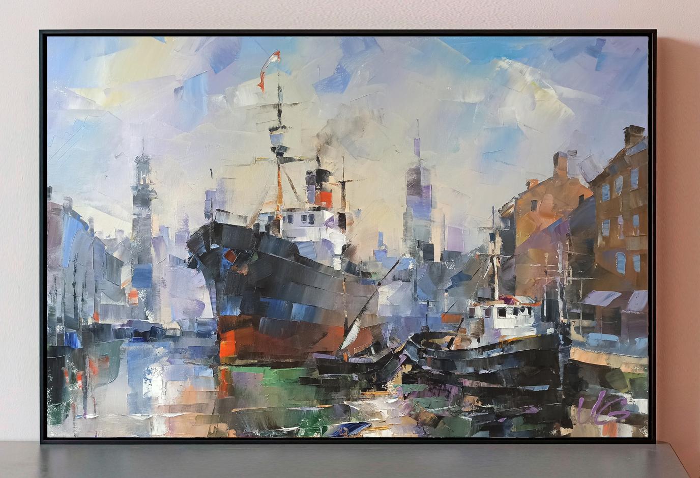 Framed Oil painting New contours by Volodymyr Gluhomanyuk harbor scene