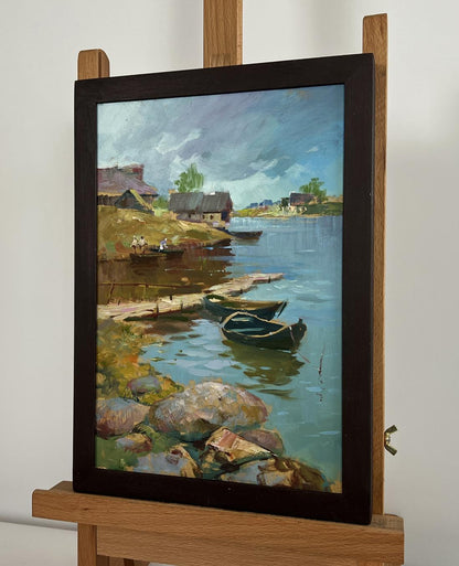 Oil painting Quiet Village Harbour by Yuriy Suprunchuk in wooden frame