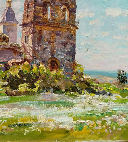 Oil painting of ancient castle by Leonid Pavlenko, weathered stone tower