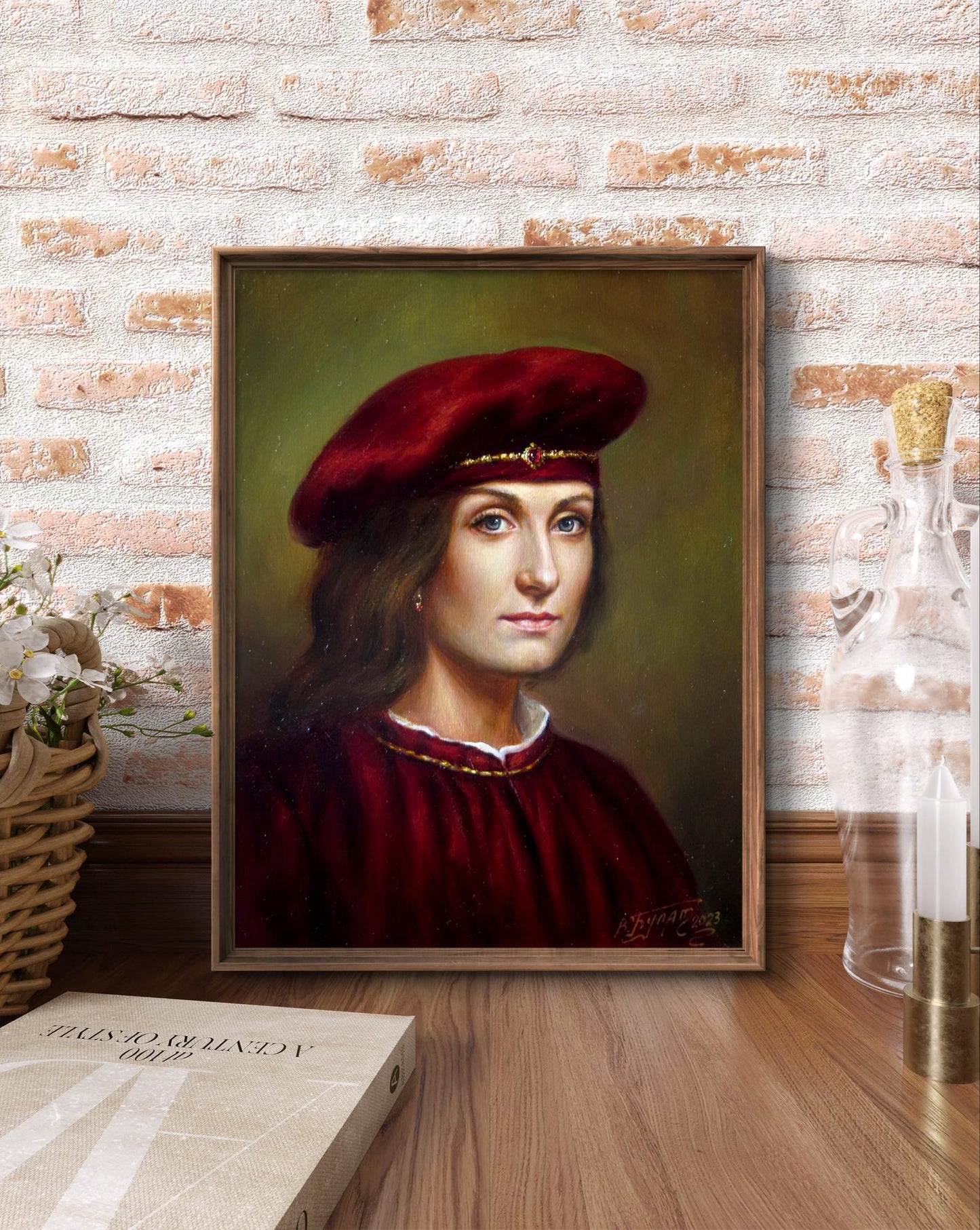 Oil painting A smile through the ages by Valeriy Bulat portrait in red beret