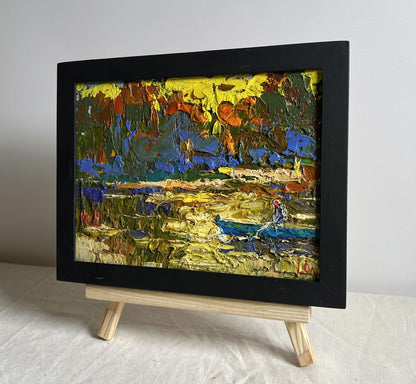 Oil painting The sun sets over the river by Oleksiy Ivanyuk in black frame