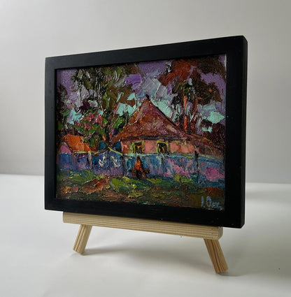 Oil painting Rural evening in the yard by Oksana Ivanyuk in black frame