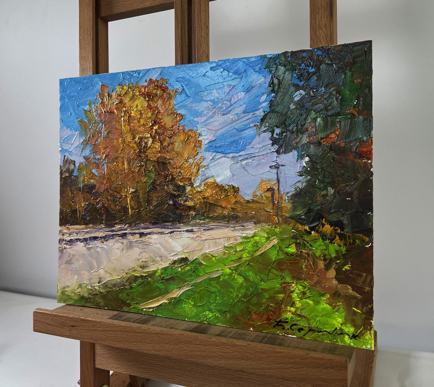 Oil painting Autumn silence on the road by Boris Serdyuk, vibrant impasto autumn landscape