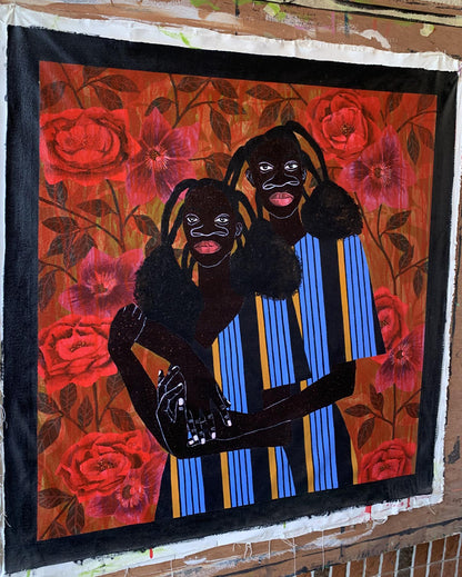 Acrylic painting We Hold Each Other by Akintomide Akinshola with black figures