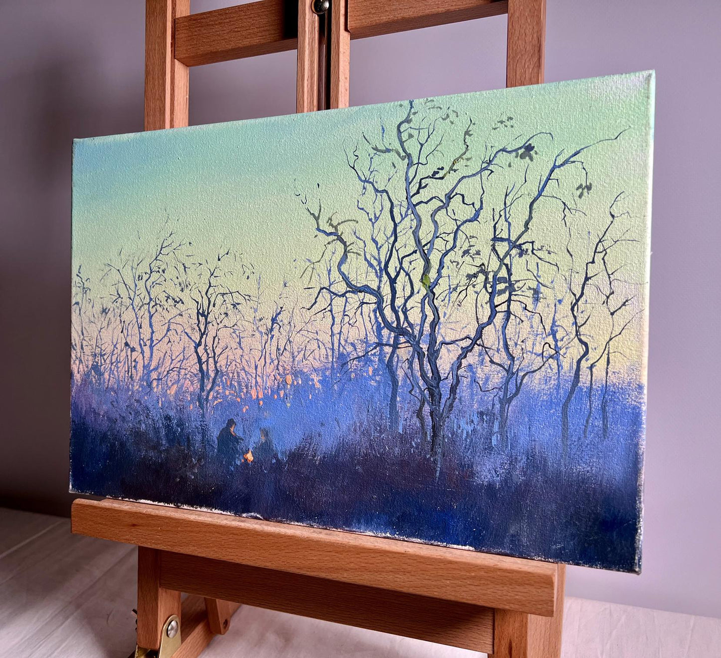 Serene oil painting Quiet gatherings around the fire by Tatyana Derdey