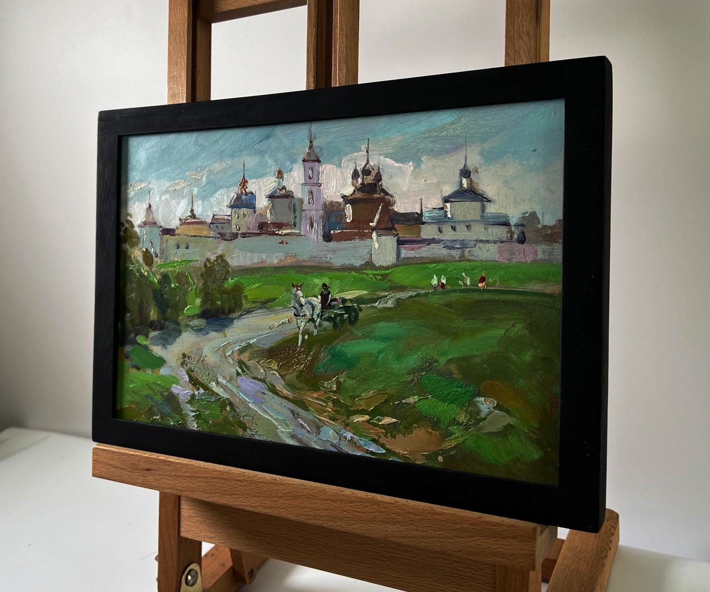 Oil painting of ancient R.n city monastery by Yuriy Suprunchuk in black frame