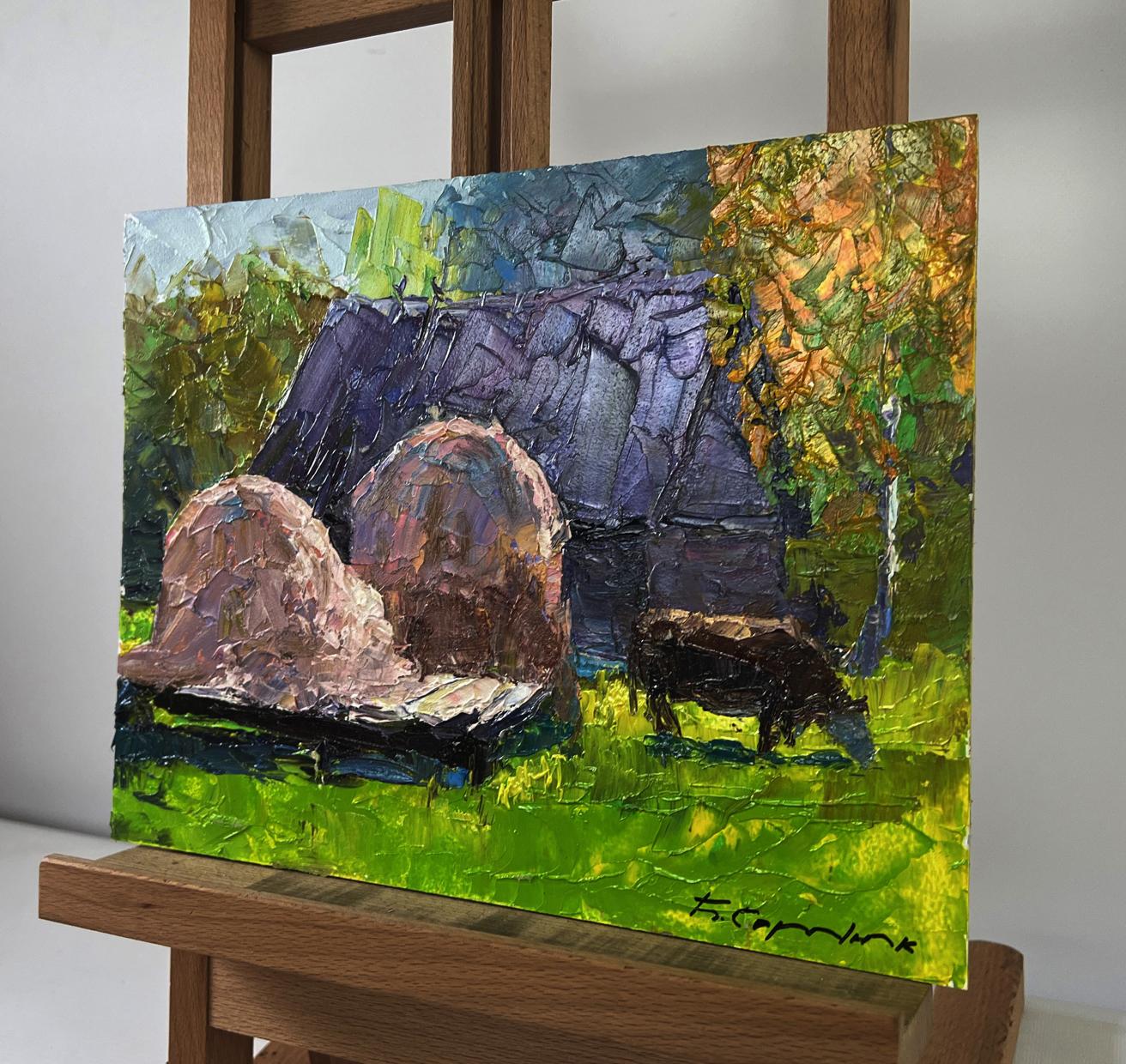 Oil painting of lonely cow in rustic field by Boris Serdyuk