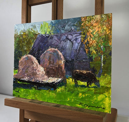 Oil painting of lonely cow in rustic field by Boris Serdyuk