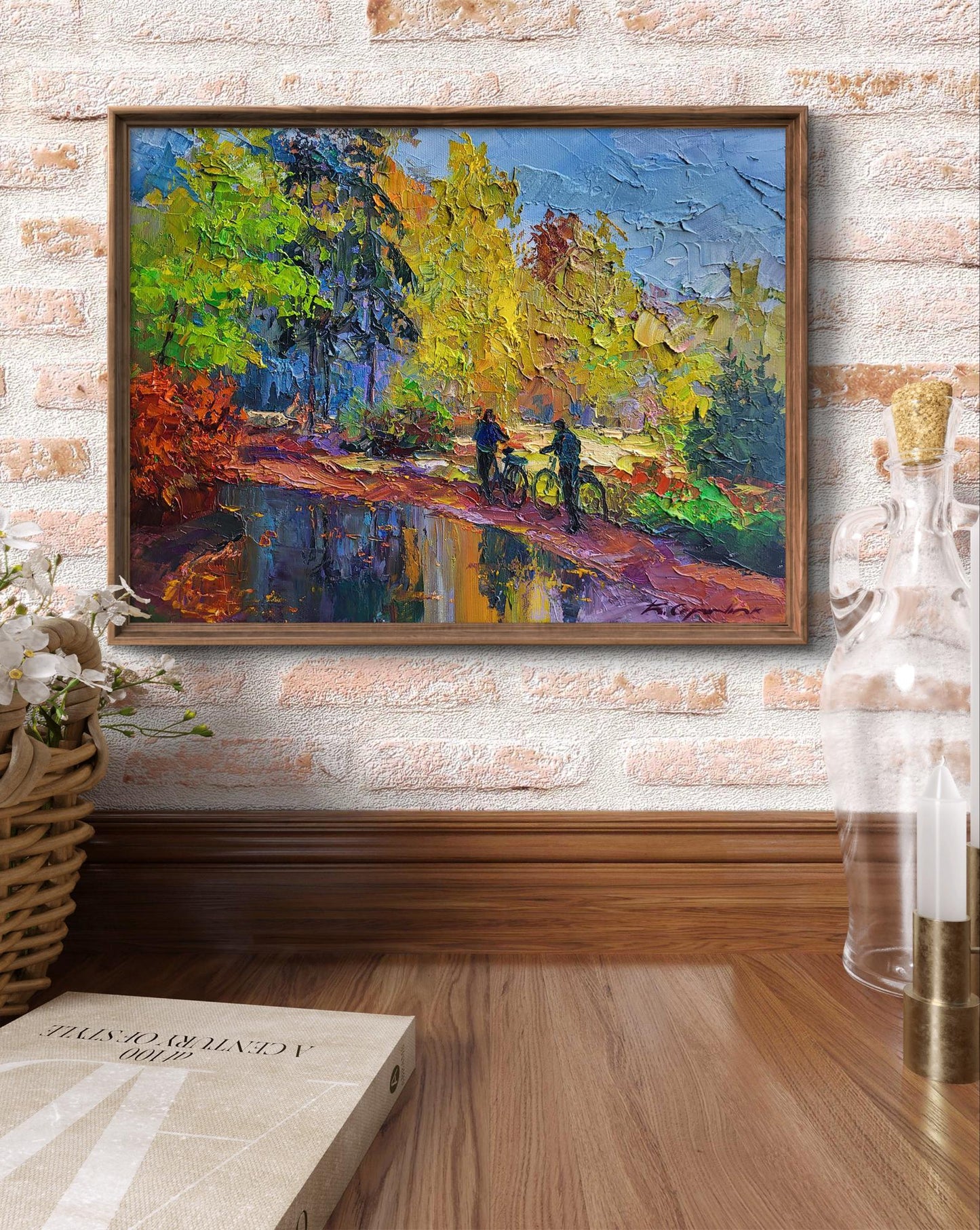 Oil painting Mushroom Pickers by Boris Serdyuk in wooden frame
