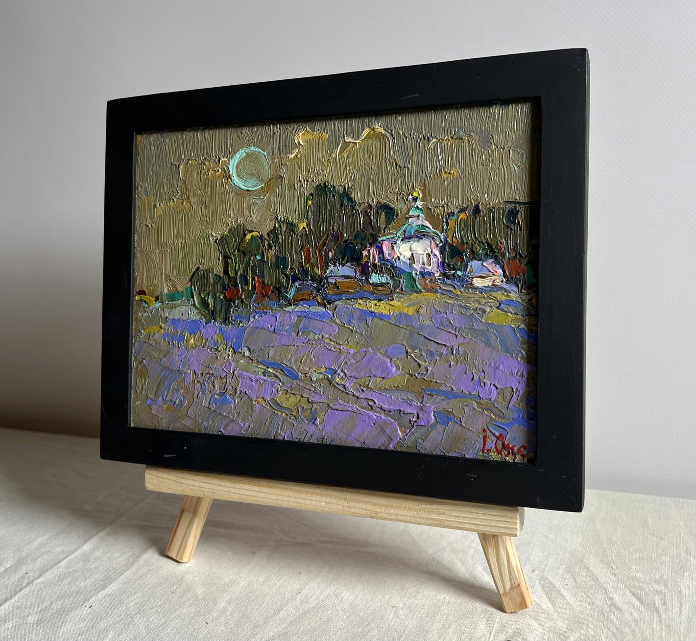 Oil painting Moonlit night in the village by Oksana Ivanyuk, purple fields, moon