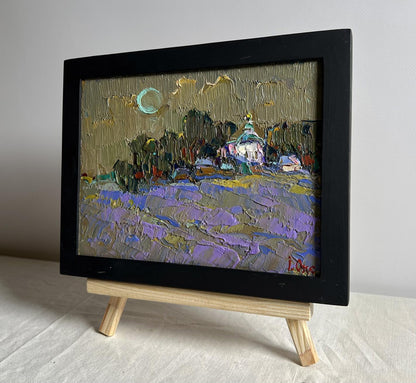 Oil painting Moonlit night in the village by Oksana Ivanyuk, purple fields, moon