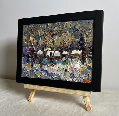 Oil painting Winter twilight by Oksana Ivanyuk in black frame