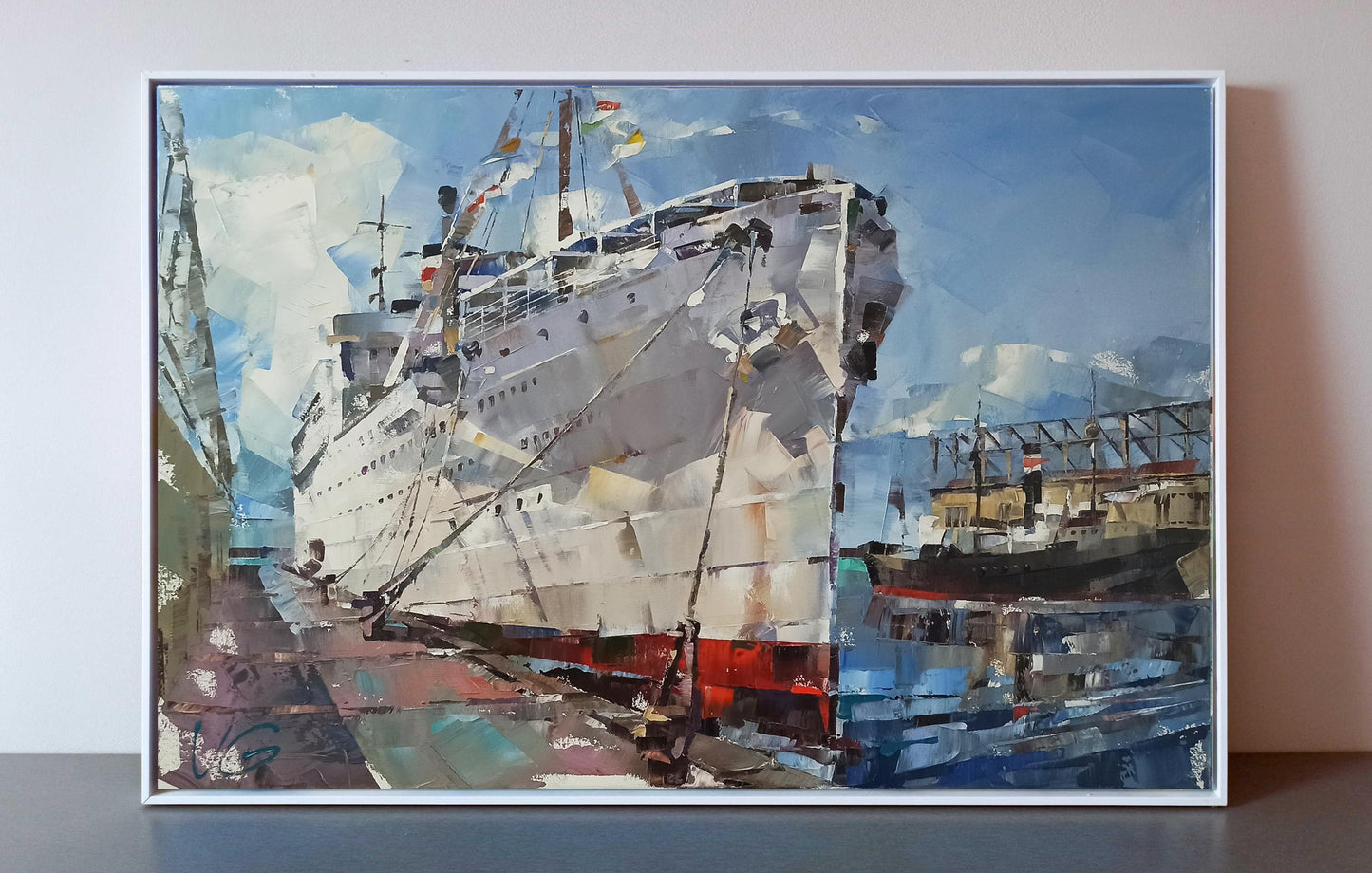 Framed impressionistic oil painting of red and white steamship Milwaukee by Volodymyr Gluhomanyuk