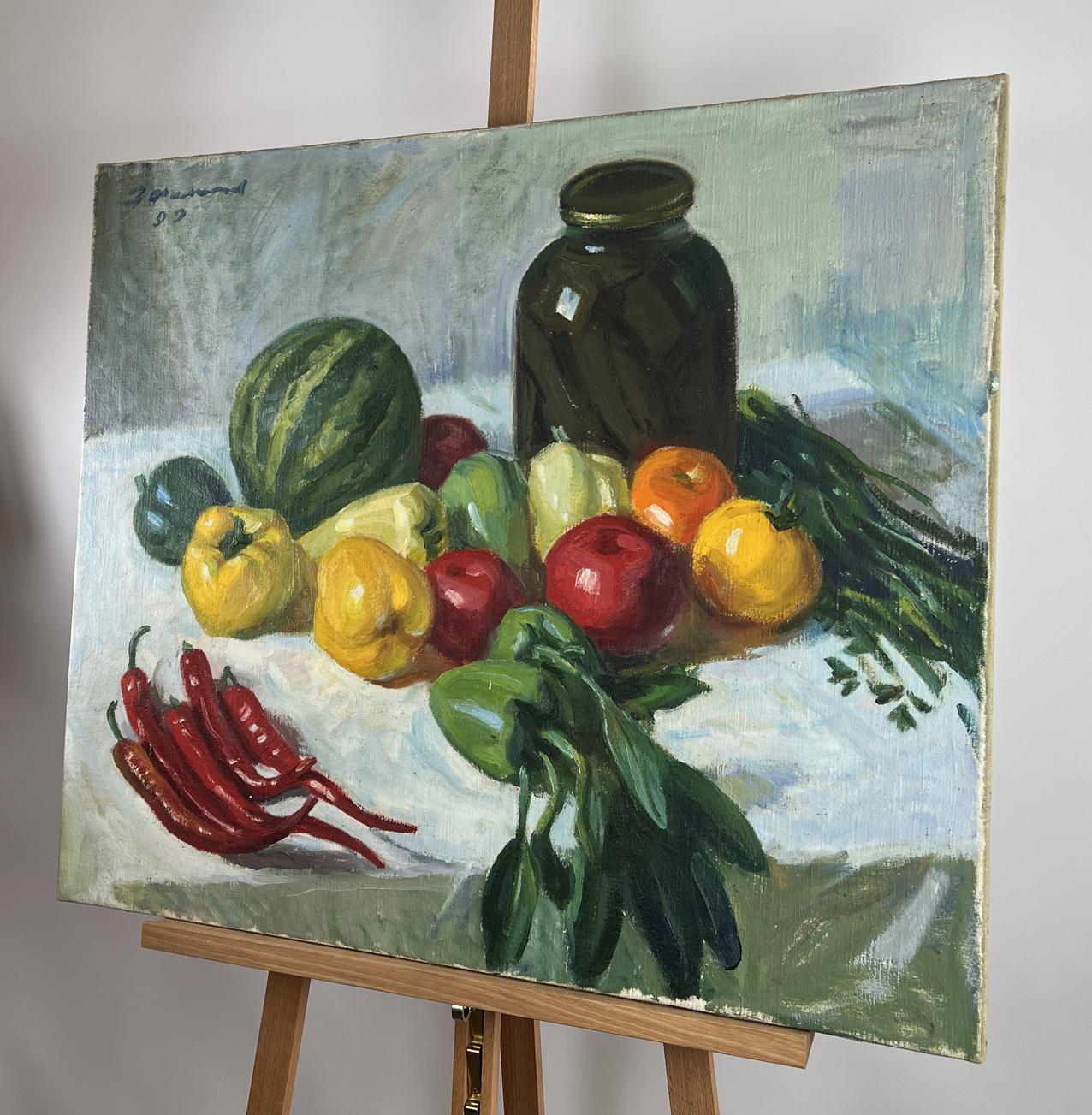 Oil painting On the dining table by Zinovy Filippov: colorful fruits and vegetables