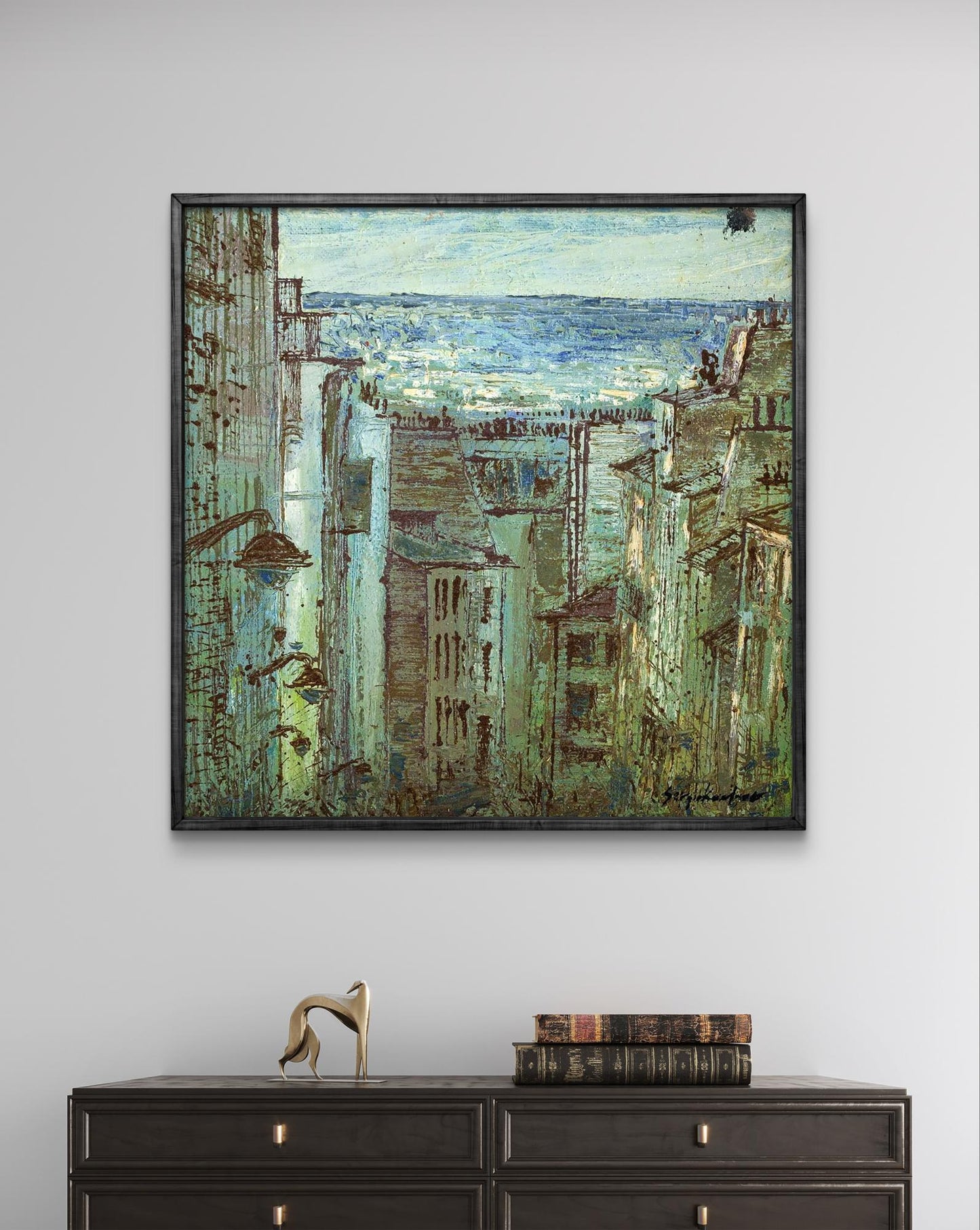 Framed oil painting by Serhiy Kovalev: muted green blue cityscape