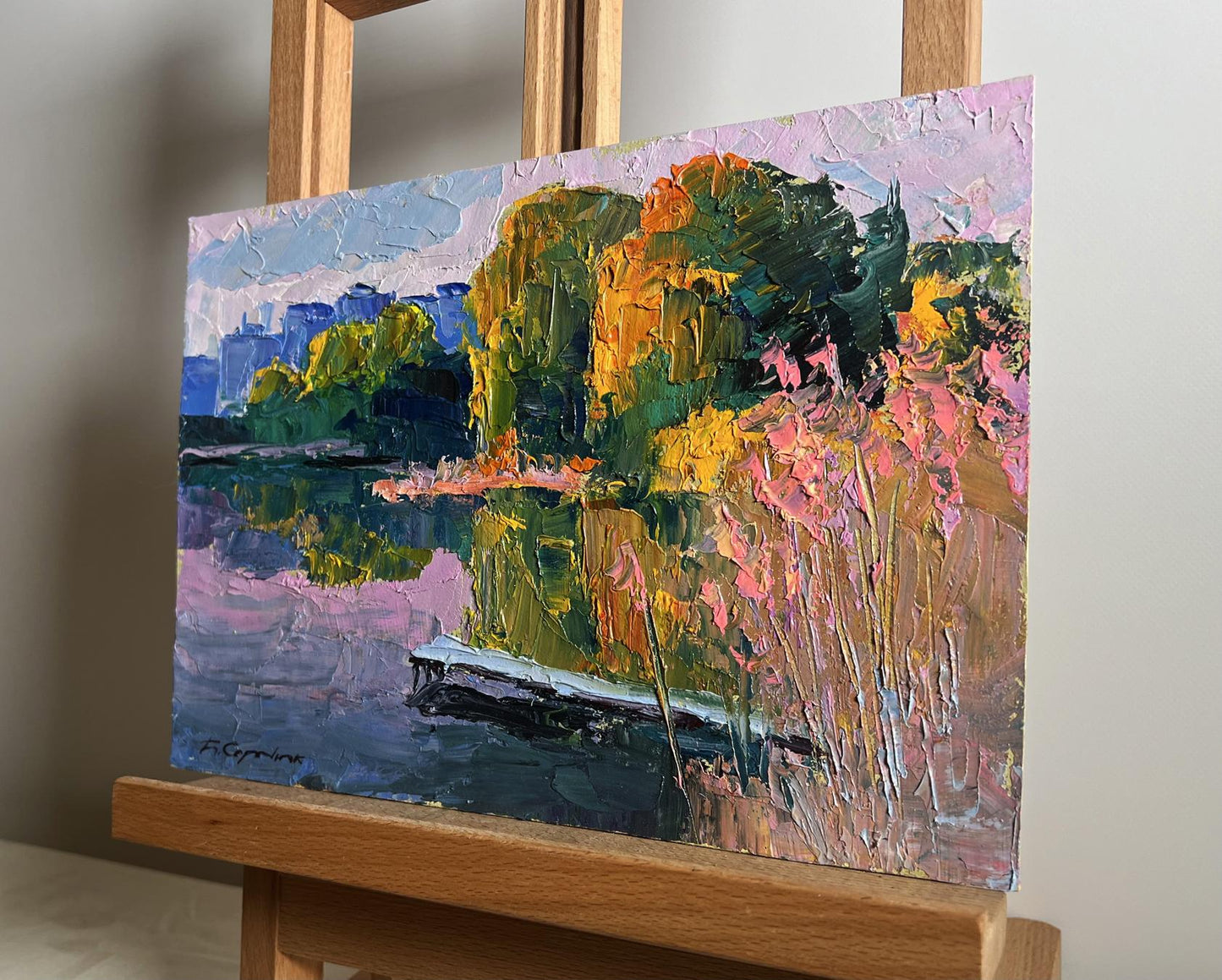 Oil painting Evening on the lake by Boris Serdyuk vibrant lakeside scene