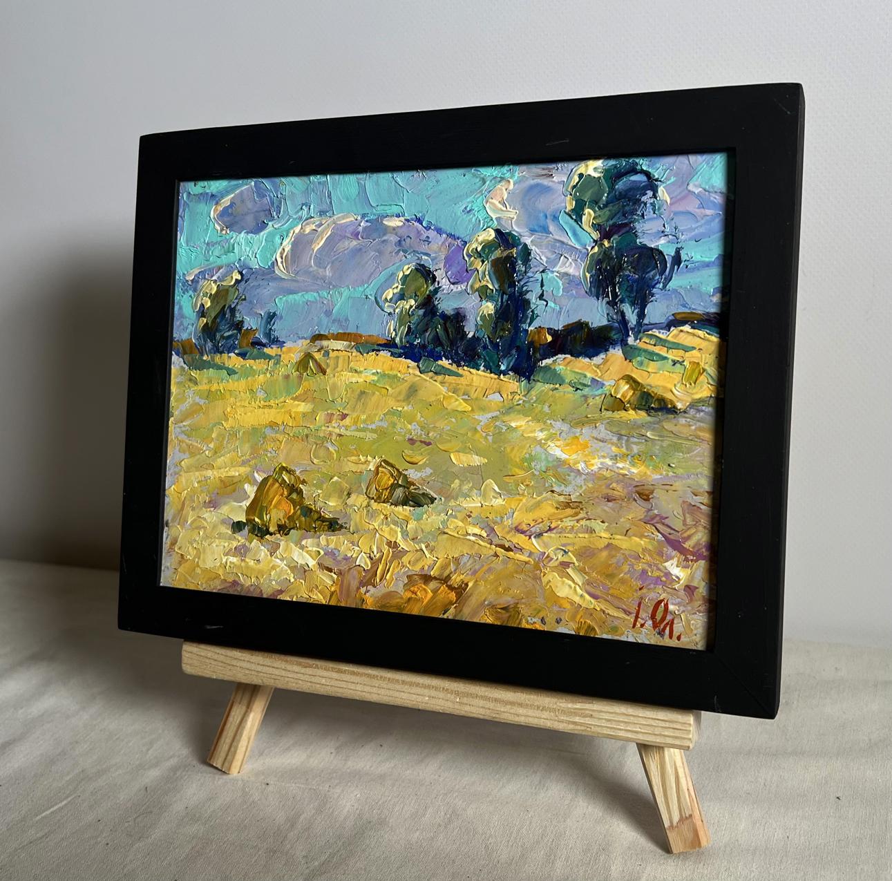 Oil painting In the Morning in a Wheat Field by Oleksiy Ivanyuk in black frame