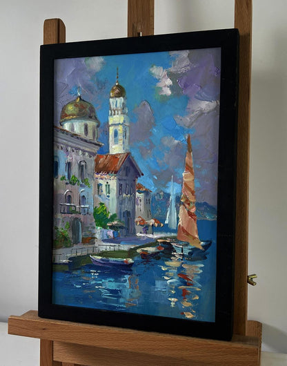 Framed oil painting The sea gently caresses the buildings by Yuriy Suprunchuk