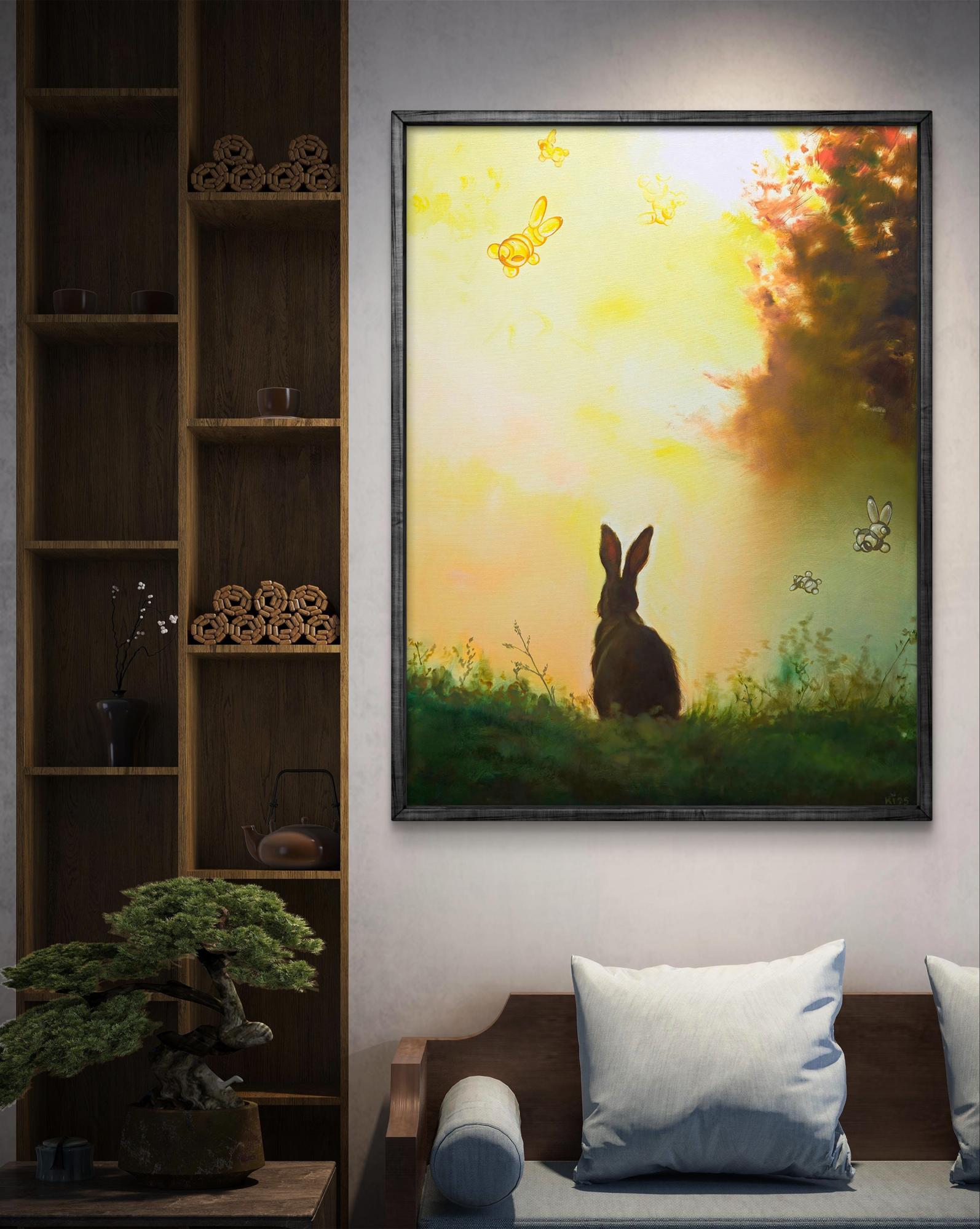Oil painting Hare in the Fog by Igor Konovalov with rabbit silhouette