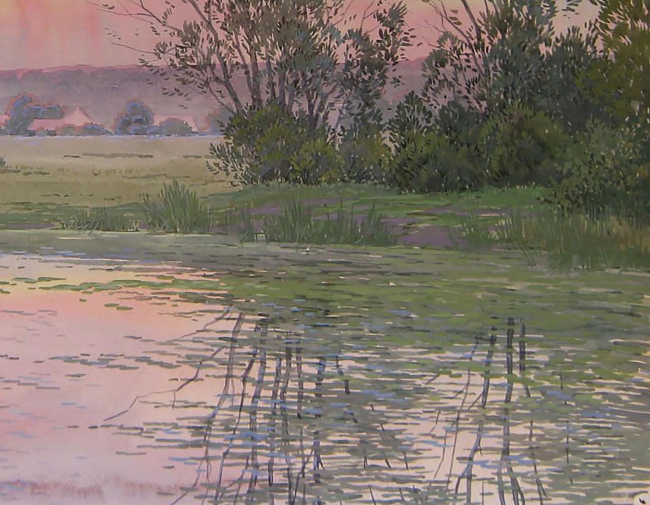 Watercolor painting Sunset over the River by Valery Savenets serene pond reflection