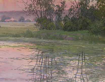 Watercolor painting Sunset over the River by Valery Savenets serene pond reflection