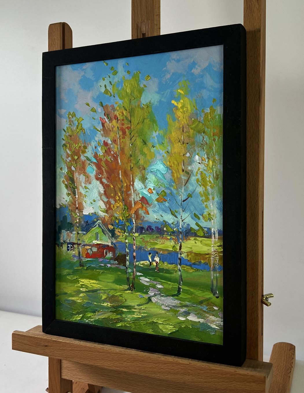Vibrant impressionist oil painting of birch grove by Yuriy Suprunchuk in black frame