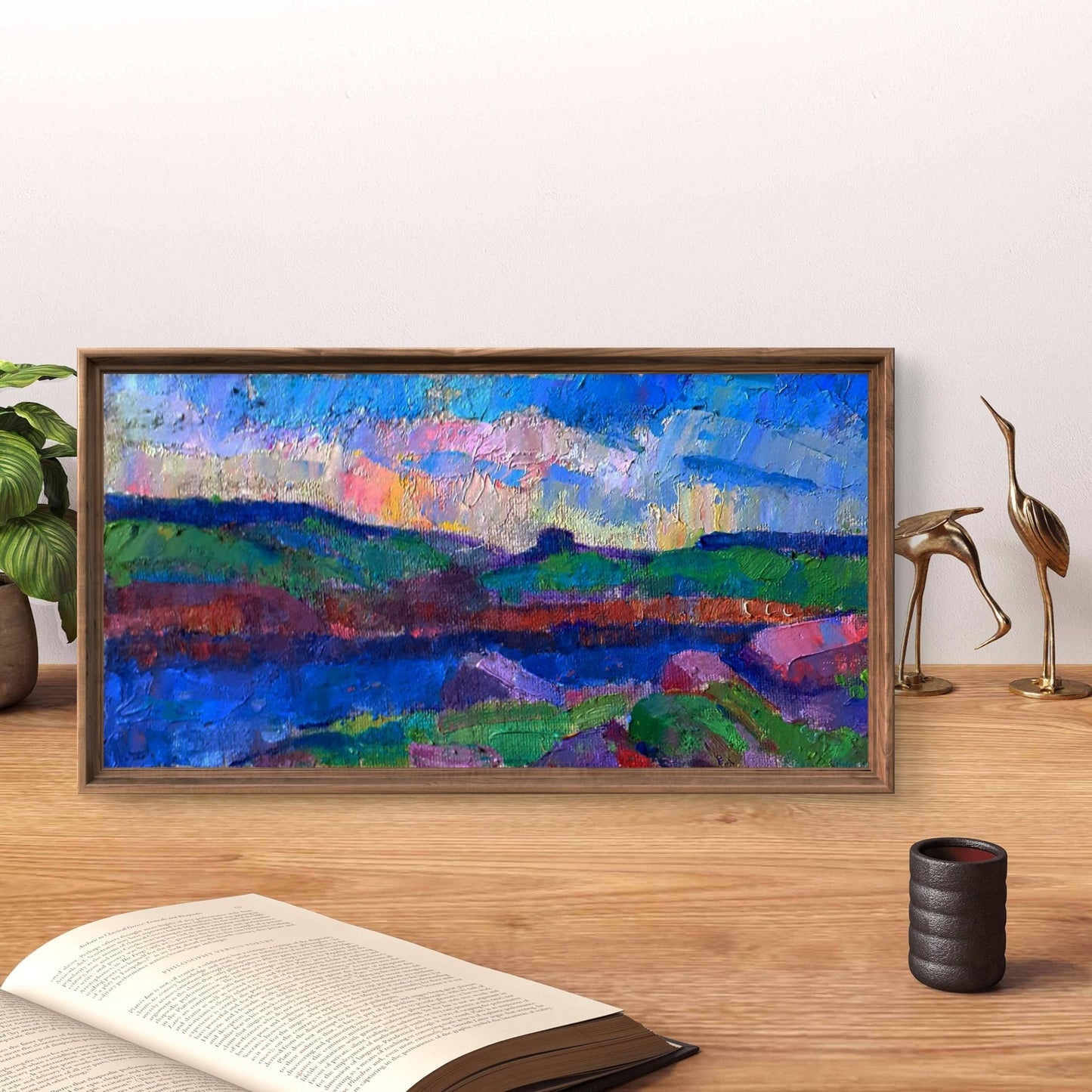 Vibrant oil painting of river and sunset over meadows by Pavel Dobrev in rustic frame