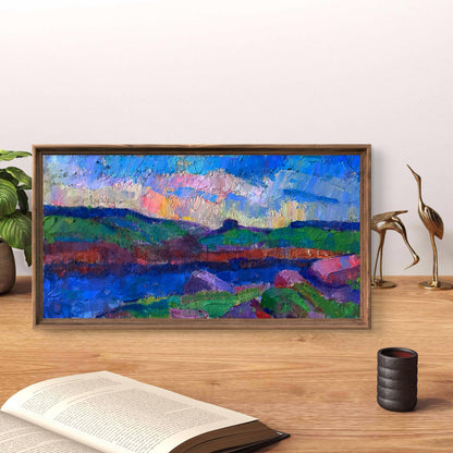 Vibrant oil painting of river and sunset over meadows by Pavel Dobrev in rustic frame