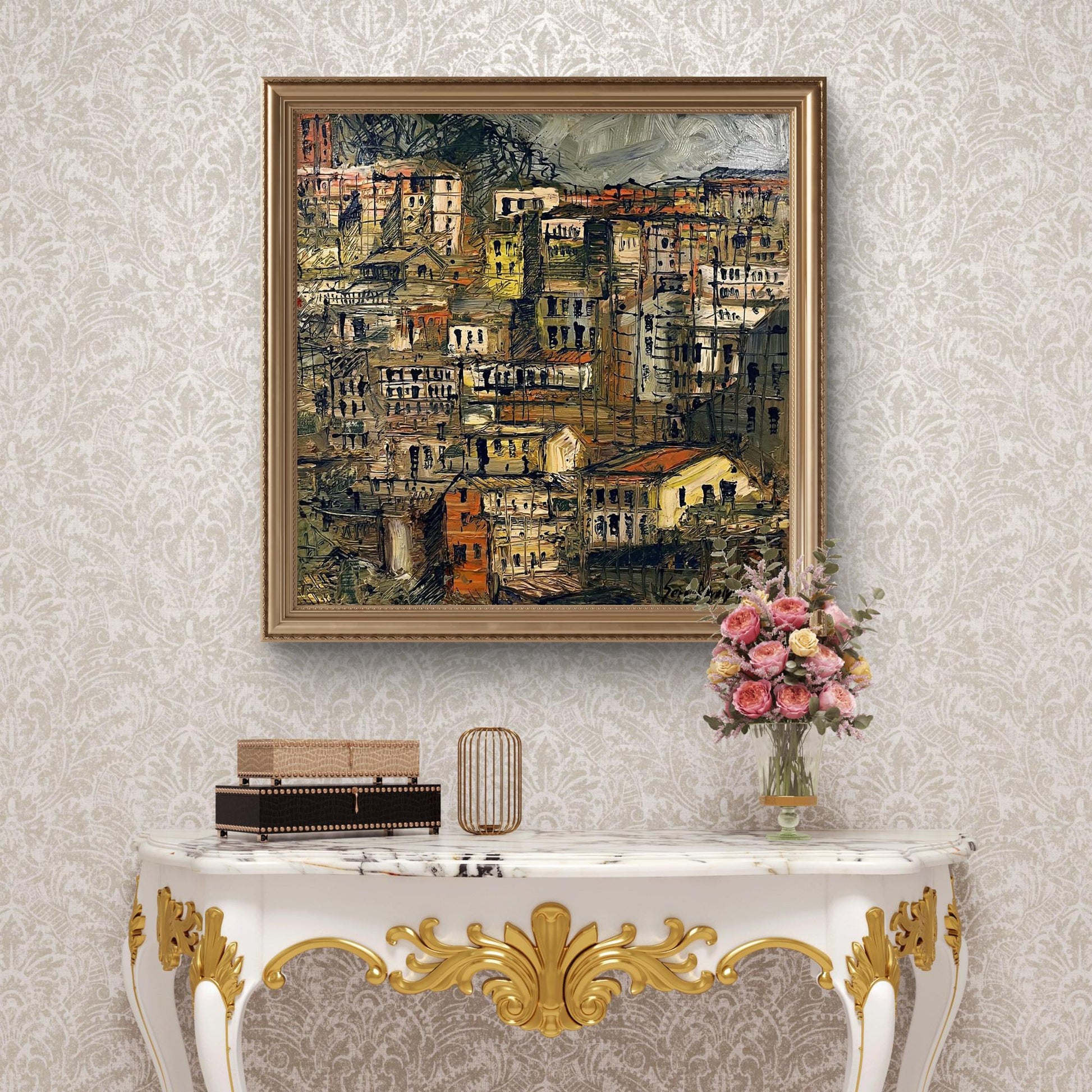 Framed abstract multi-level city oil painting by Serhiy Kovalev