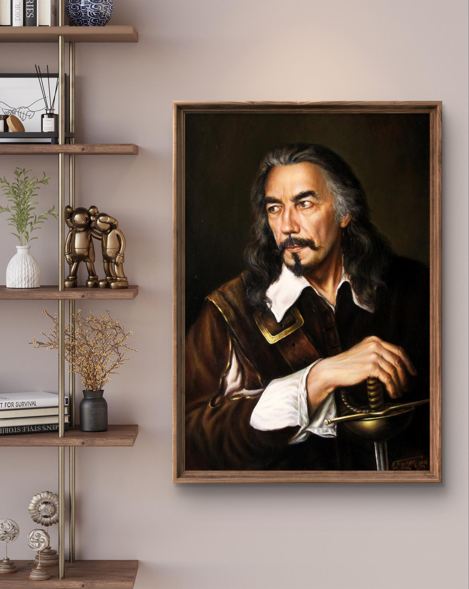 Oil painting of Valeriy Bulat self-portrait with sword in frame