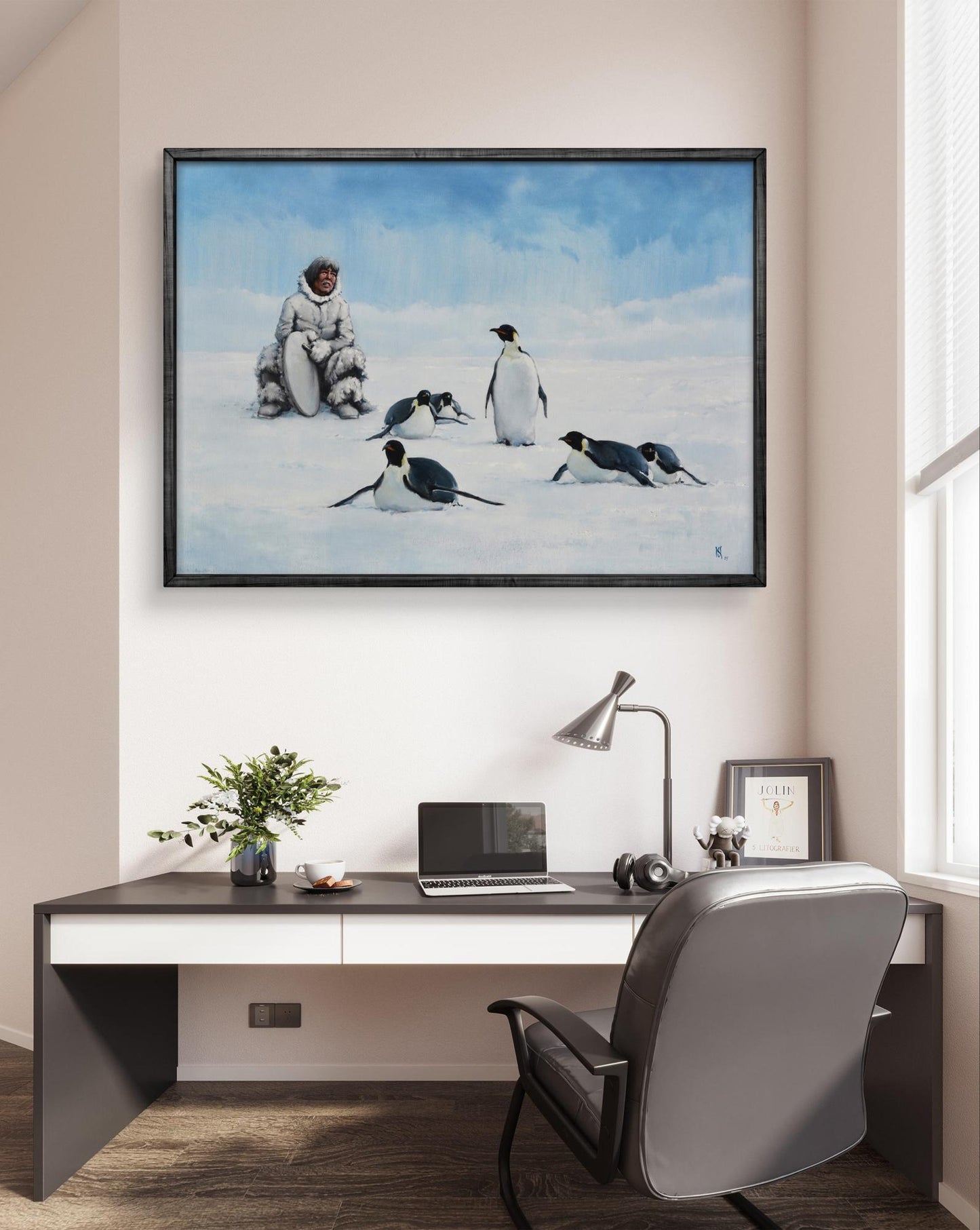 Oil painting of man in white fur with penguins on snow by Oleg Kateryniuk