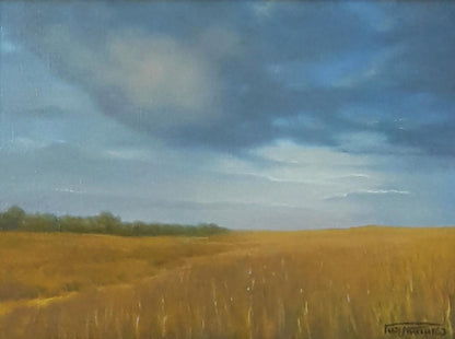 Serene oil painting of golden wheat field under cloudy sky by Vasily Korkishko