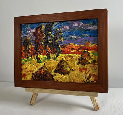 Oil painting The sun sets in the field by Oleksiy Ivanyuk in wooden frame