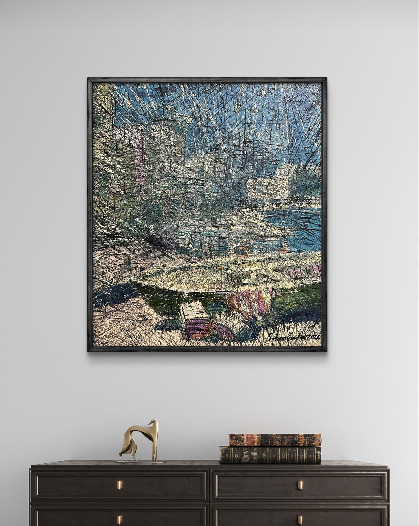 Oil painting Porto by Serhiy Kovalev, abstract landscape in black frame