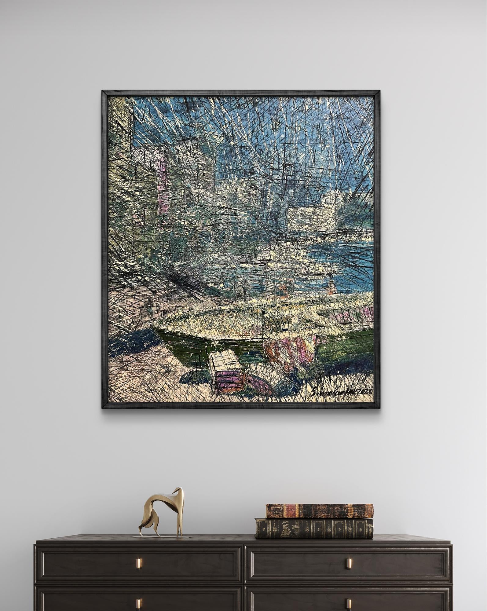 Oil painting Porto by Serhiy Kovalev, abstract landscape in black frame