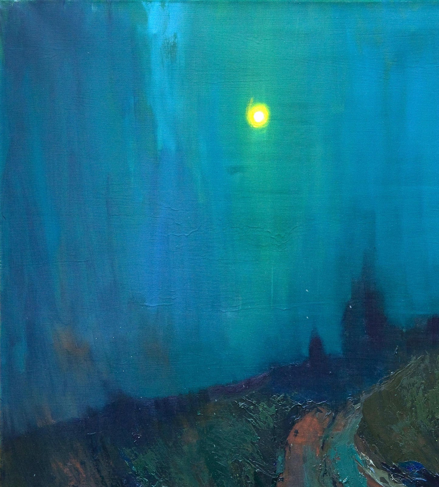 Oil painting Fog over the field by Natalia Korf-Ivaniuk with glowing sun