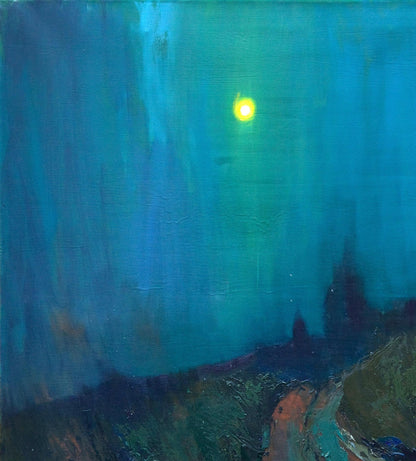 Oil painting Fog over the field by Natalia Korf-Ivaniuk with glowing sun