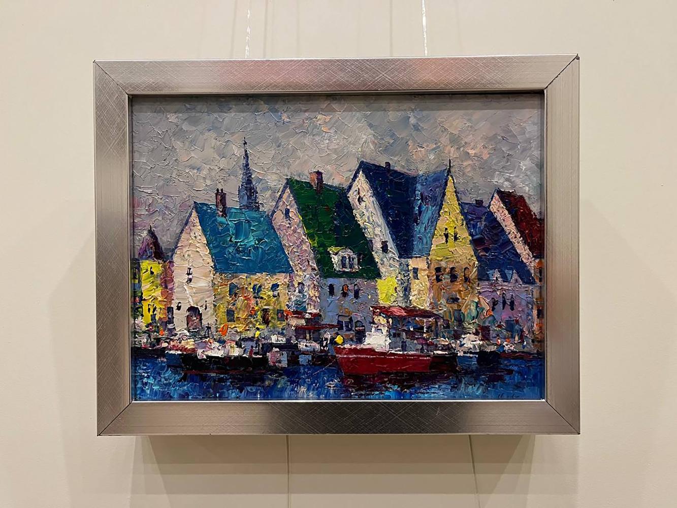 Vibrant impressionist oil painting of Italian coastal houses by Serhiy Rybak in silver frame