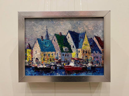 Vibrant impressionist oil painting of Italian coastal houses by Serhiy Rybak in silver frame