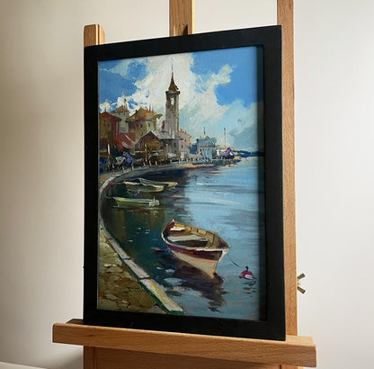 Framed impressionist oil painting of busy Yuriy Suprunchuk city port quay