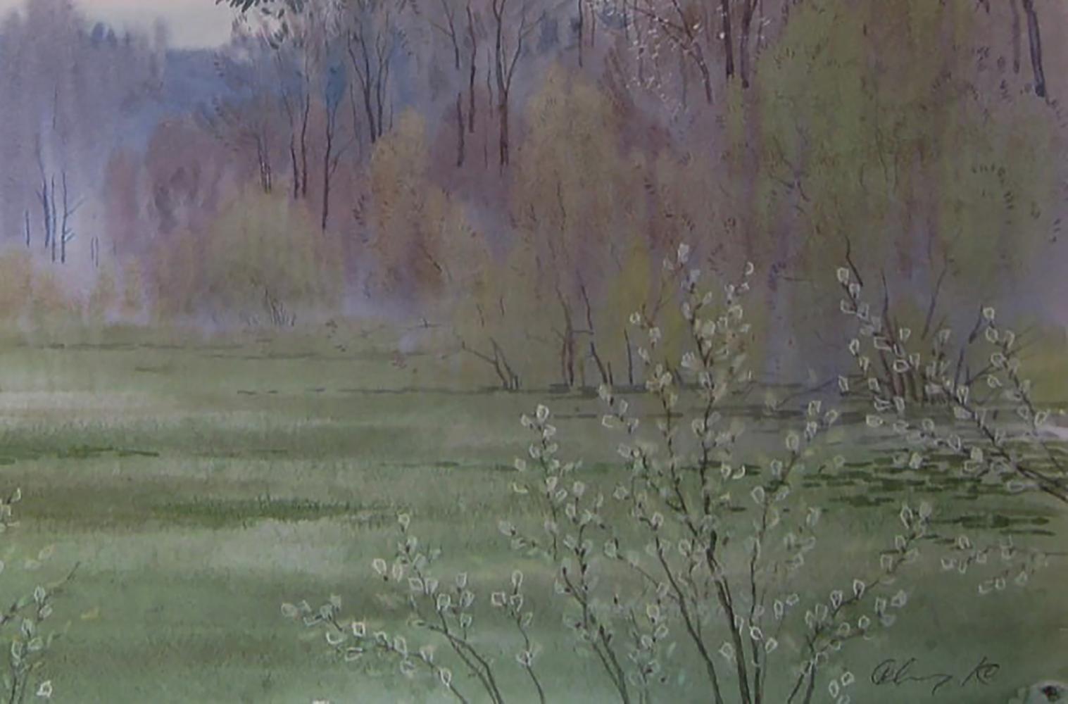Watercolor Spring forest painting by Valery Savenets with green fields