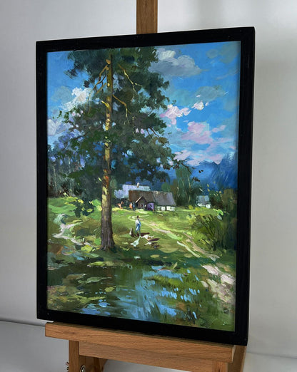 Framed oil painting of swamps near village by Yuriy Suprunchuk