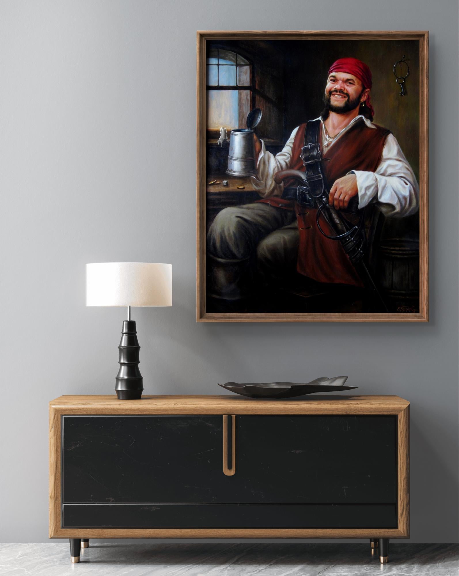 Framed oil portrait of smiling pirate Valeriy Bulat with red bandana, mug