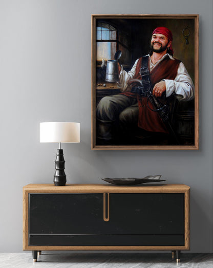 Framed oil portrait of smiling pirate Valeriy Bulat with red bandana, mug