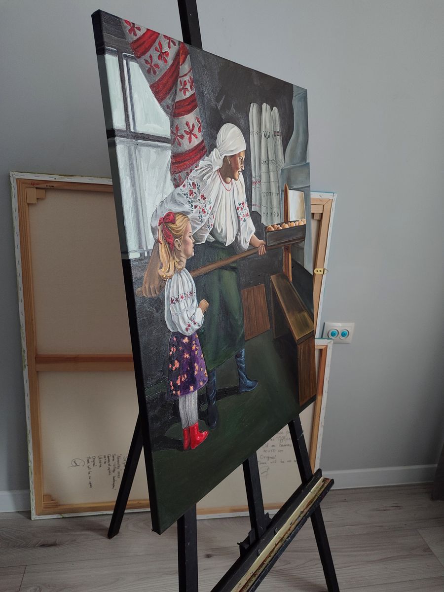 Oil painting of grandma making pies with girl by Oksana Sklym